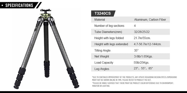 Sunwayfoto - 4 Section Carbon Fiber Tripod Kit for Hunting/Shooting - T3240CS